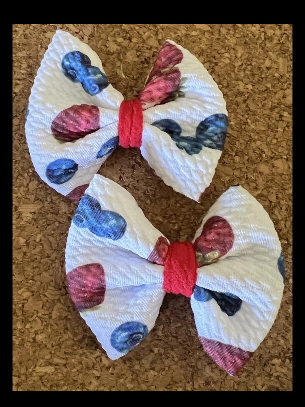 Handmade Fabric Hair Bow Red White Blue Berry 4th July Girl 2.75”x2.5” Clip 2pc